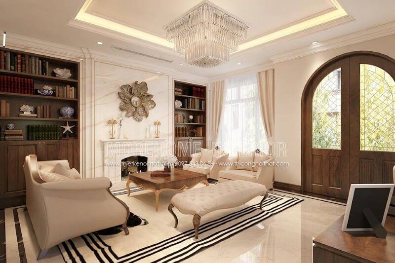 . Gỗ óc chó nhập khẩu là chất liệu chủ đạo, được kết hợp với đá ốp tường cao cấp, thảm trải sàn, đèn chùm, kệ tủ, lò sưởi... để tạo nên một không gian phòng khách hoàn mỹ và sang trọng nhất.